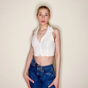 White Racer Back Polo Top Ribbed Cotton Size Medium